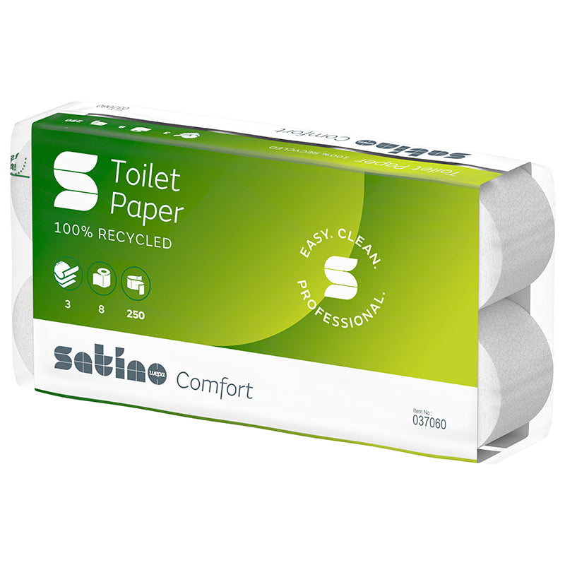Satino Comfort Recycling-Toilettenpapier, 3-lagig, 250 Blatt, 1 Polypack (8 Rollen)