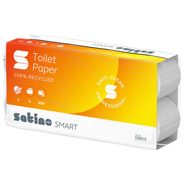 Satino Smart Recycling-Toilettenpapier, 3-lagig, 250 Blatt, 1 Polypack (8 Rollen)